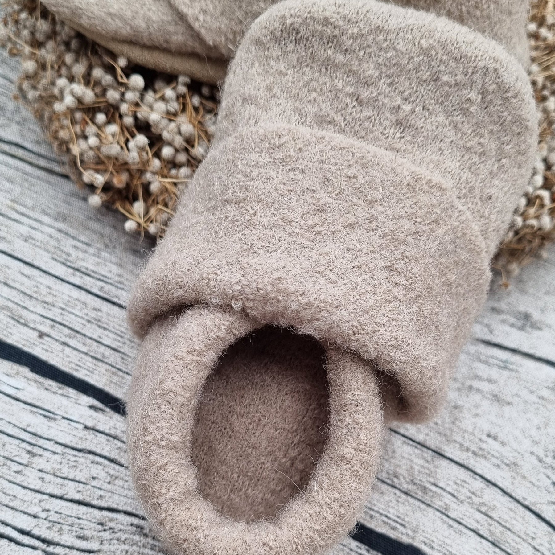 Walkloden-Puschen mit Echtleder-Sohle, sand