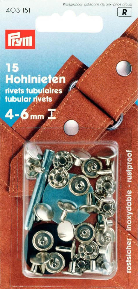 Prym 15 Hohlnieten Klemmber. 4-6 mm MS silberfarbig, Durchmesser 9mm