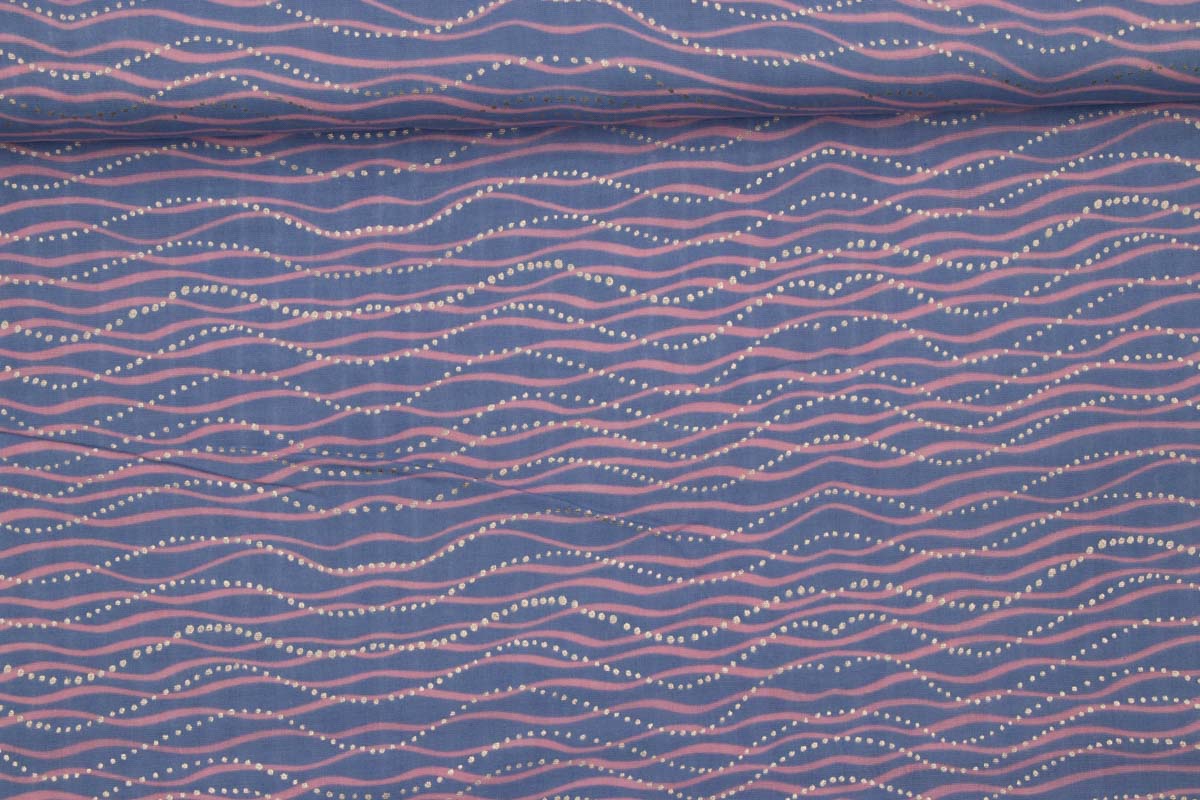 Musselin blau/gold mit Wellenmotiv, Goldprint RICO