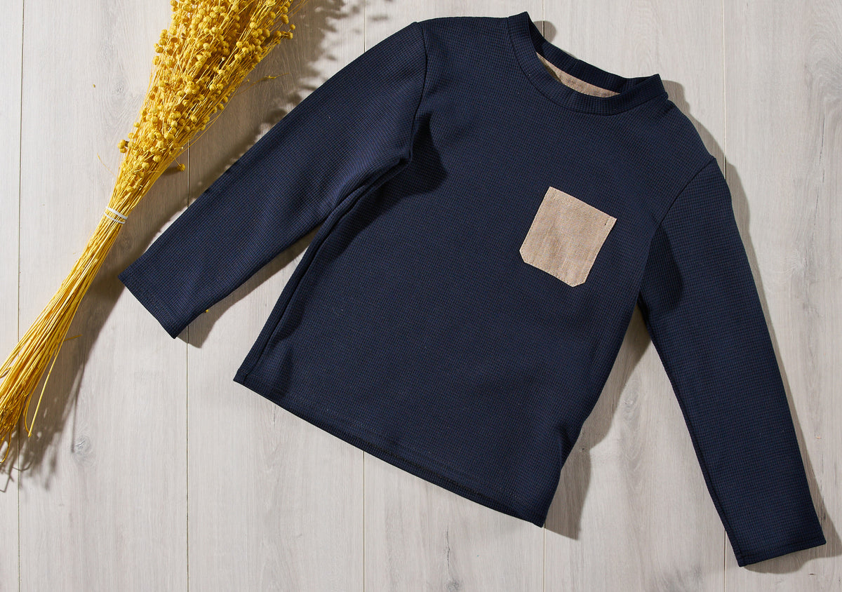 Kinderkleidung - Waffeljersey Pullover mit Hemdtasche aus Leinen | Marine