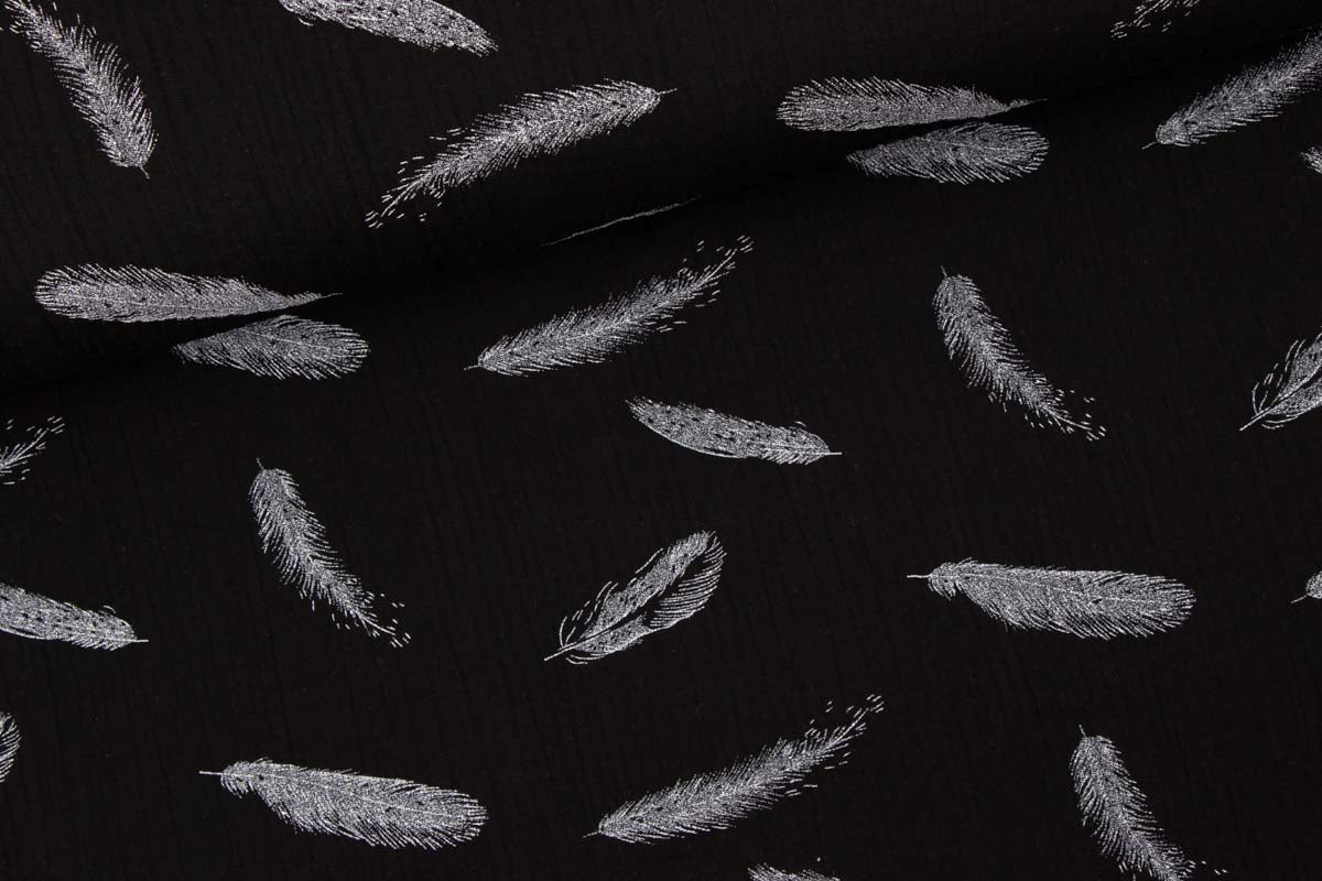 Musselin Schwarz mit Federn