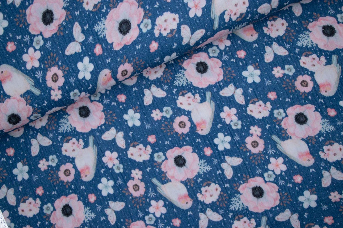 Musselin Rotkehlchen & Blumen, Blau