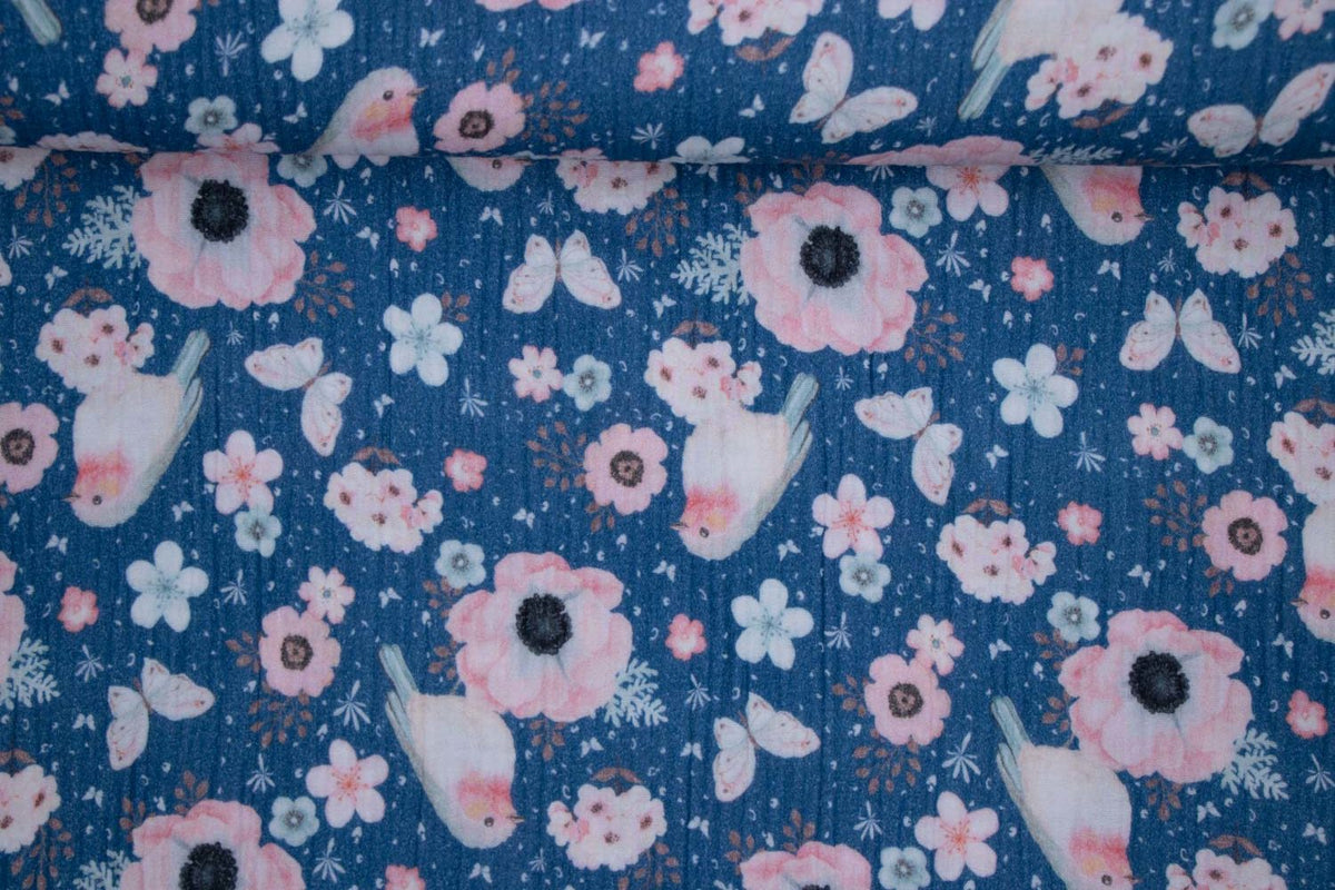 Musselin Rotkehlchen & Blumen, Blau
