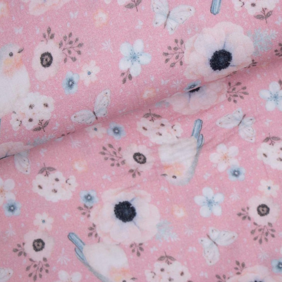 Musselin Rotkehlchen & Blumen, Rosa