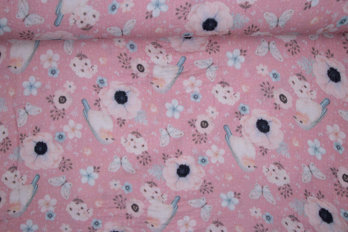 Musselin Rotkehlchen & Blumen, Rosa