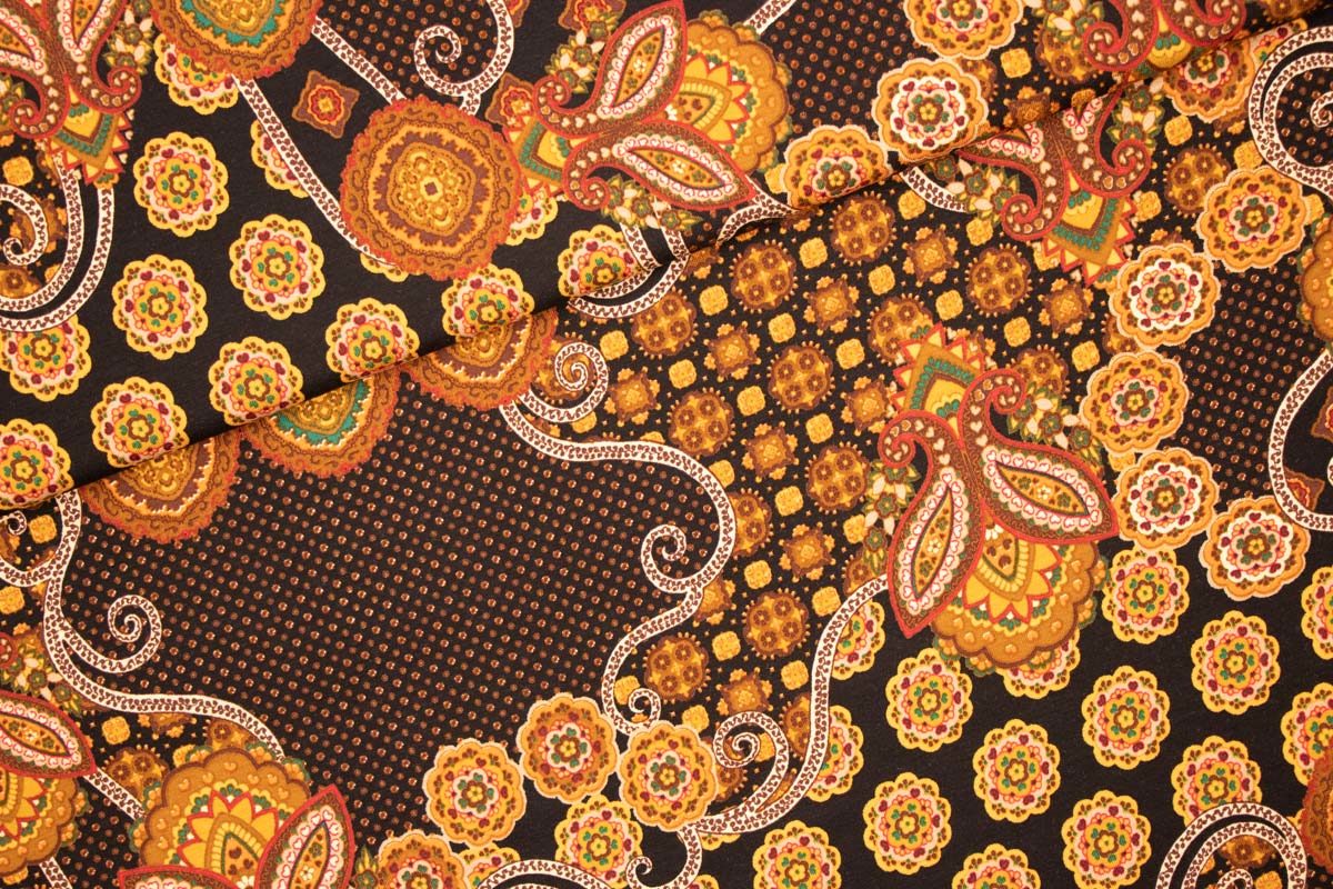 Viskose Schwarz Orange Paisley, Orientalisch Ornamente