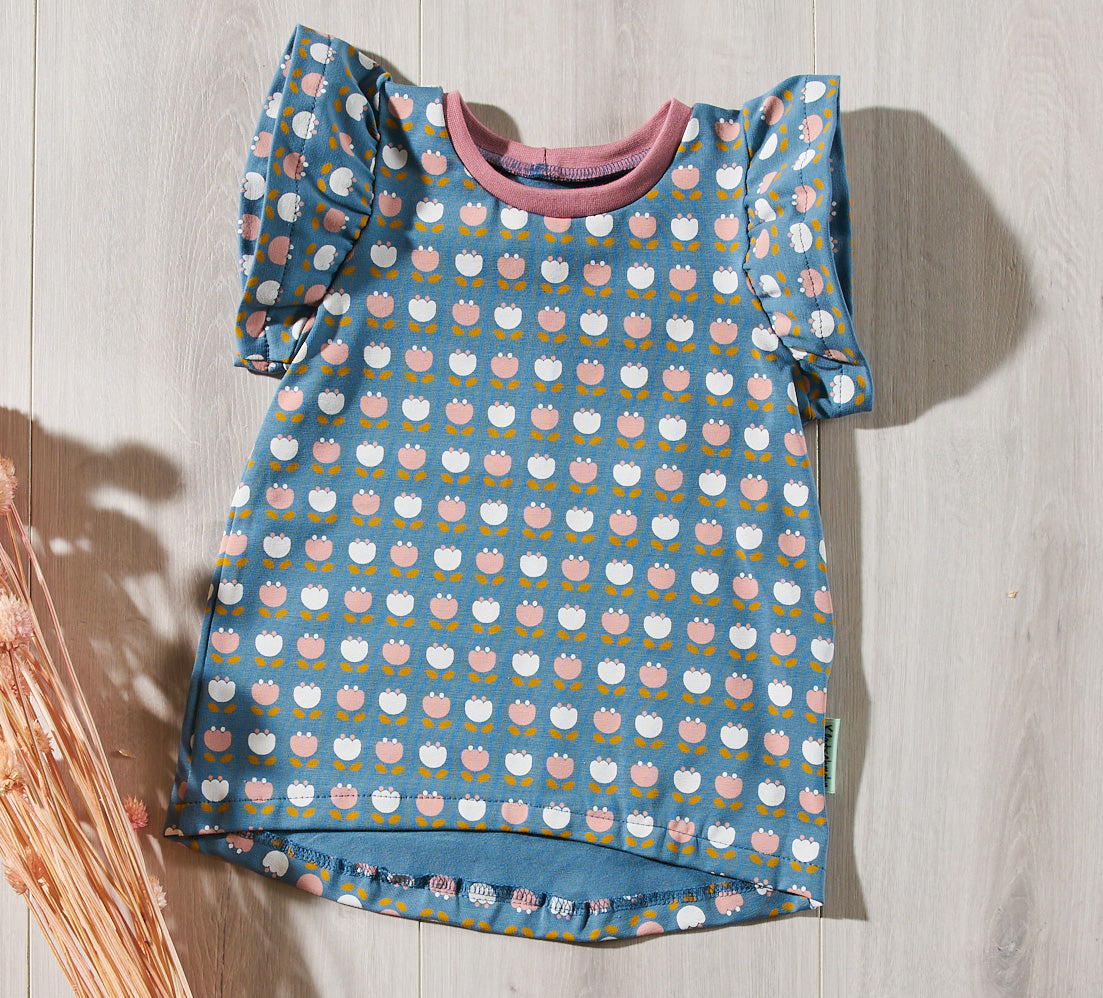 Kinderkleidung - Blaues Oberteil aus Jersey | Tulpenmotiv