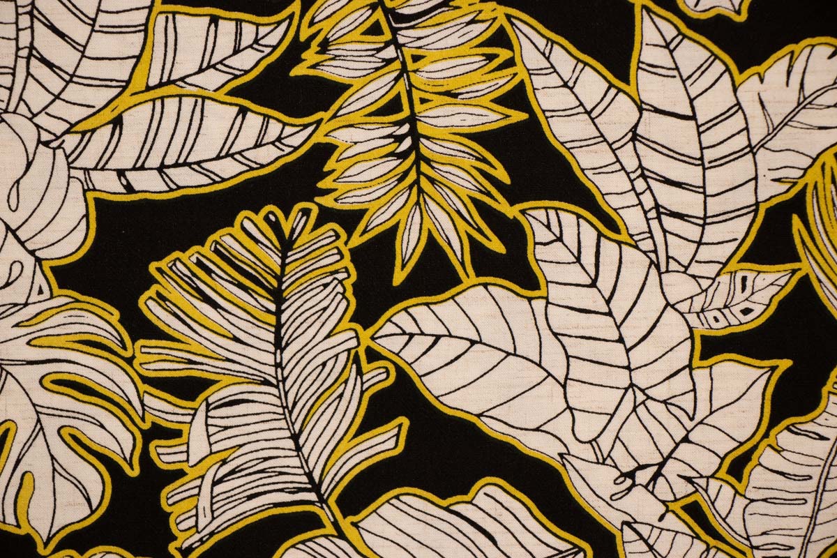 Viskose-Leinen Schwarz mit Blätter weiß/gold
